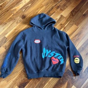 White Fox Charcoal Grey Hoodie with Blue and Red Graphics, USED